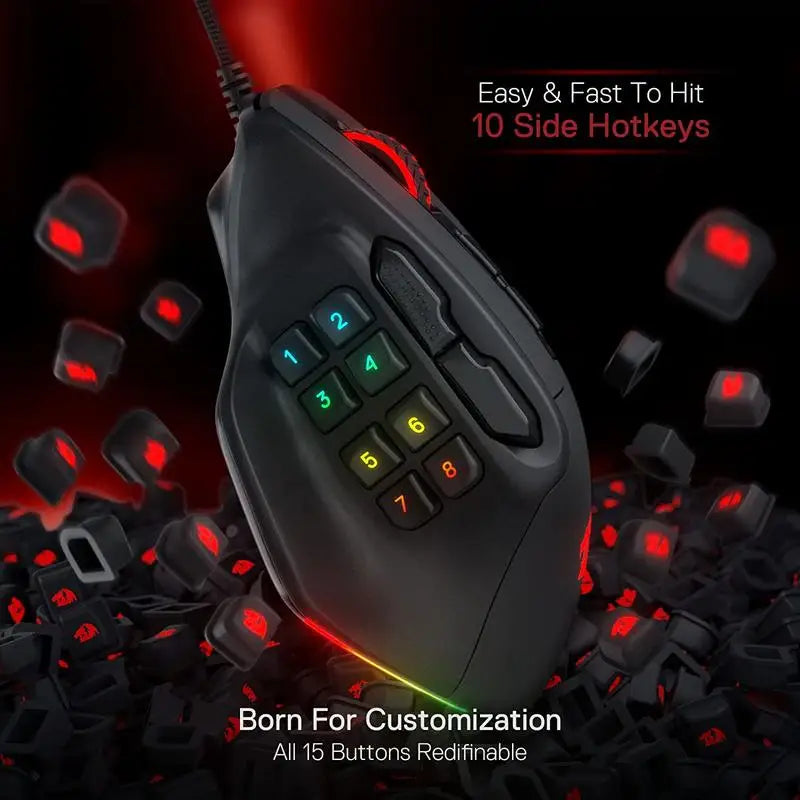Nexovolt M811 Aatrox MMO Gaming Mouse, 15 Programmable Buttons Wired RGB Gamer Mouse w/ Ergonomic Natural Grip Build