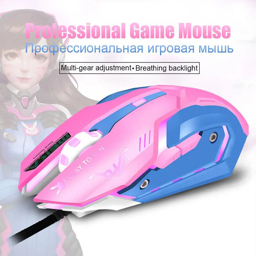 OW DVA Pink Game Office Mouse Light-emitting Competition Cute Wired Mouse for PC Laptop CF Overwatch