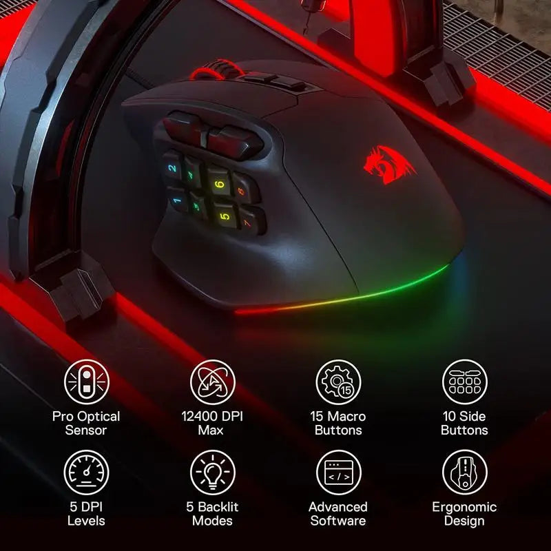Nexovolt M811 Aatrox MMO Gaming Mouse, 15 Programmable Buttons Wired RGB Gamer Mouse w/ Ergonomic Natural Grip Build
